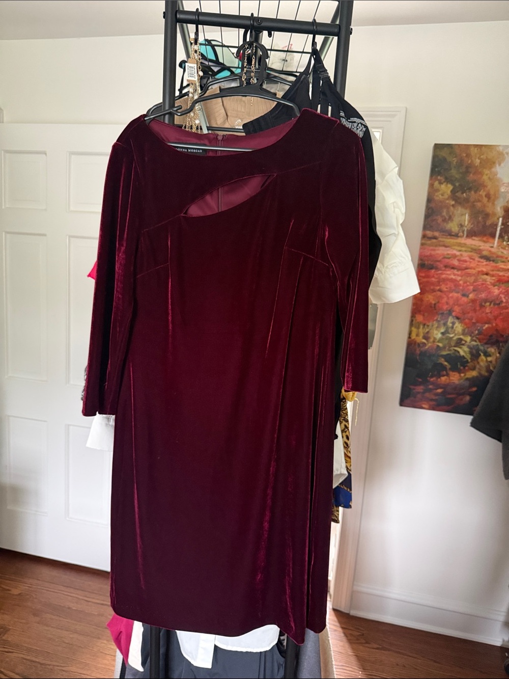 Donna Morgan Burgundy Velvet Long Sleeve Dress with Shoulder Cutout